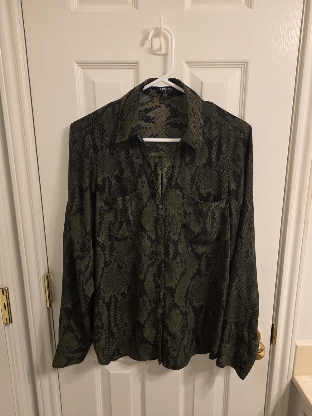 Express Olive Green Snake-Print Button-Down Shirt